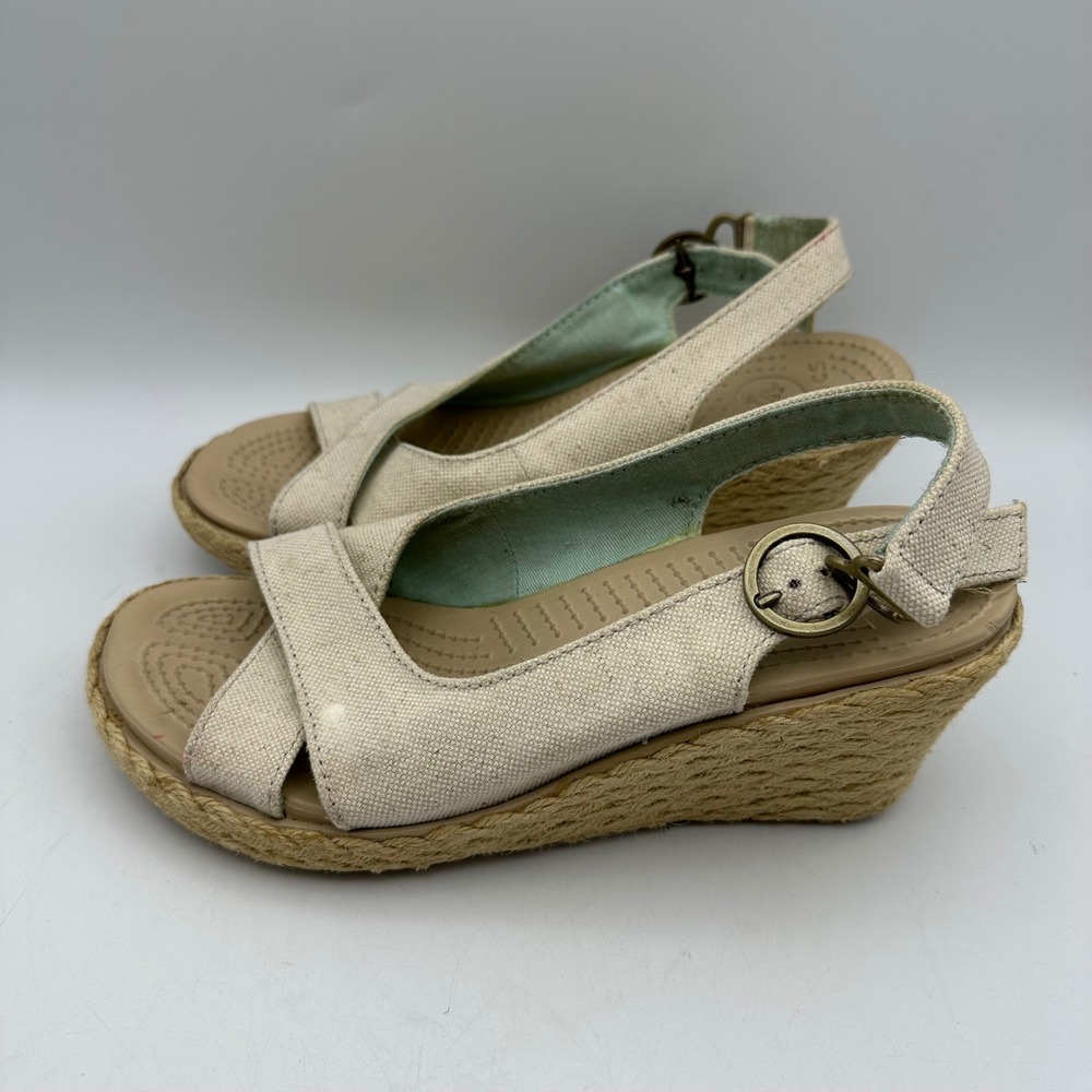 Crocs Leigh Wedge Sandals Women Size 6 Oatmeal Canvas‎ Espadrille Slingback
